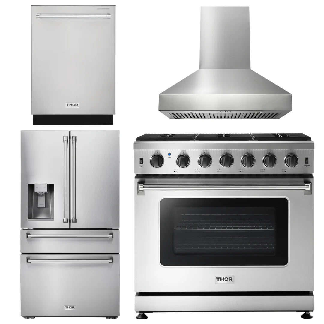 36 Inch Propane Gas Range, Range Hood, Refrigerator with Water and Ice Dispenser, Dishwasher H895