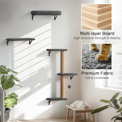 4 in 1 Wooden Cat Wall Shelves with Scratching Post H486372
