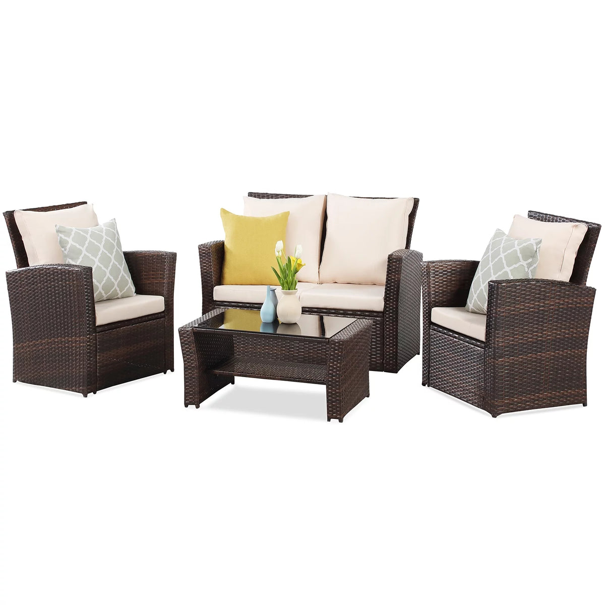 4 Pcs Brown Wicker Rattan Patio Furniture Set with Coffee Table P913