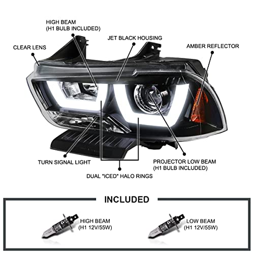 Chrome LED Dual Halo Projector Headlights for 2011-2014 Dodge Charger, Left + Right Pair Headlamps Assembly I520865