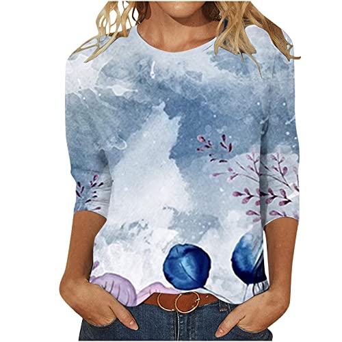 3/4 Sleeve Crew Neck Floral Print Blouses I43452
