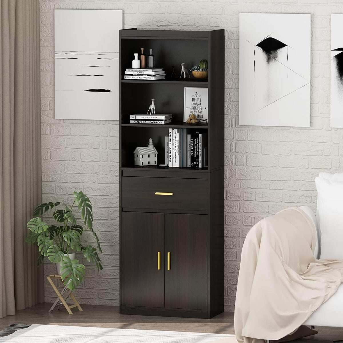 Modern 3 Tier Wooden Bookcase with 2 Doors and 1 Drawer X532147