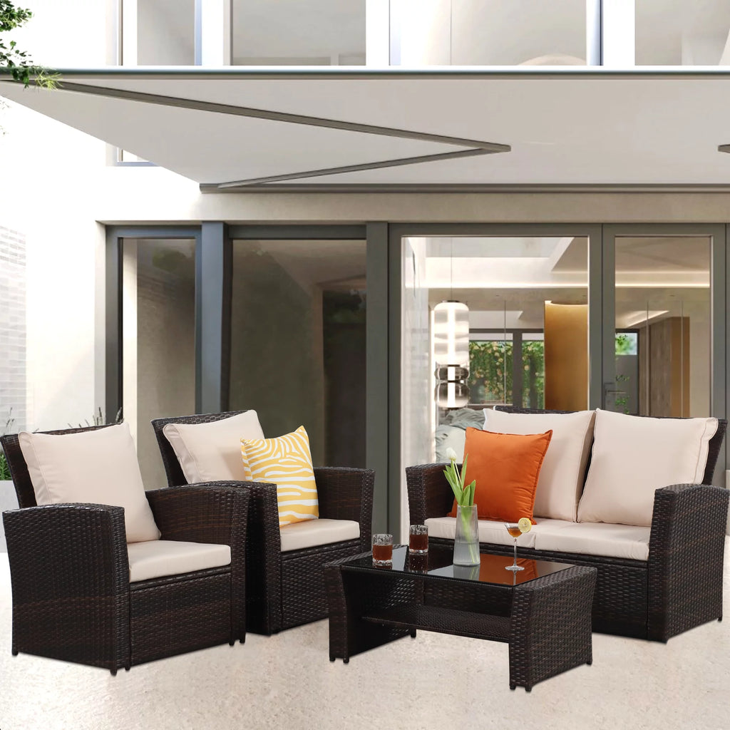 4 Pcs Brown Wicker Rattan Patio Furniture Set with Coffee Table P913