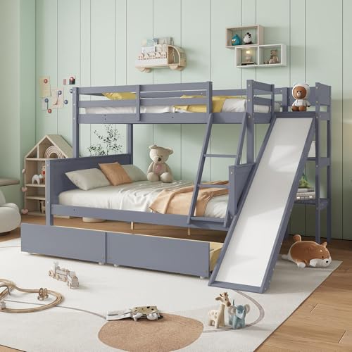 Twin Over Full Wood Bunk Bed with Slide and Storage Drawers G6942