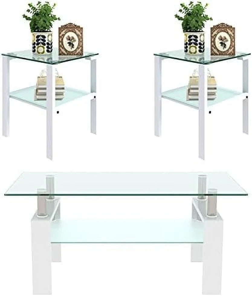 3 Piece Glass Coffee Table and End Tables Set with Tempered Glass Tabletop and Metal Frame K117385