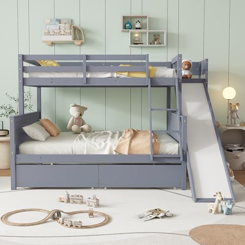 Twin Over Full Wood Bunk Bed with Slide and Storage Drawers G6942
