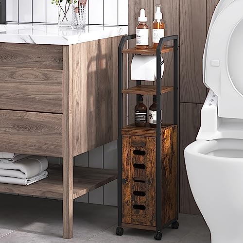 Black Bathroom Storage Cabinet with 4 Wheels and Adjustable Shelf E36364