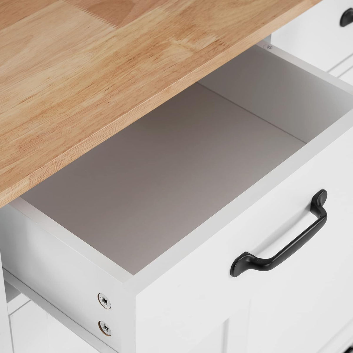 White Rubber Wood Top Rolling Kitchen Cart with Double Doors and Drawers U793