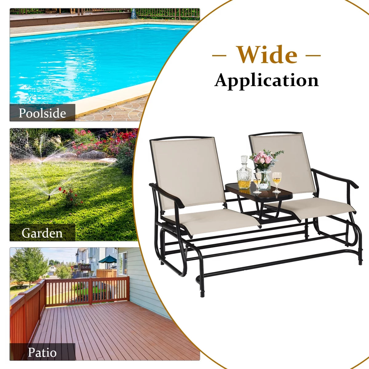 2 Person Steel Frame Patio Glider Loveseat with Center Table J7747