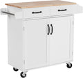 White Rubber Wood Top Rolling Kitchen Cart with Double Doors and Drawers U793