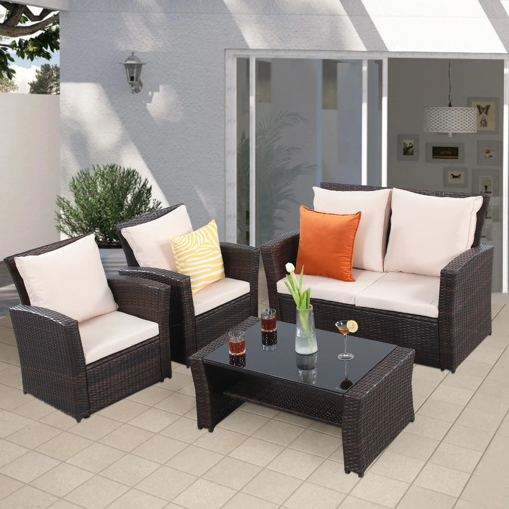 4 Pcs Brown Wicker Rattan Patio Furniture Set with Coffee Table P913
