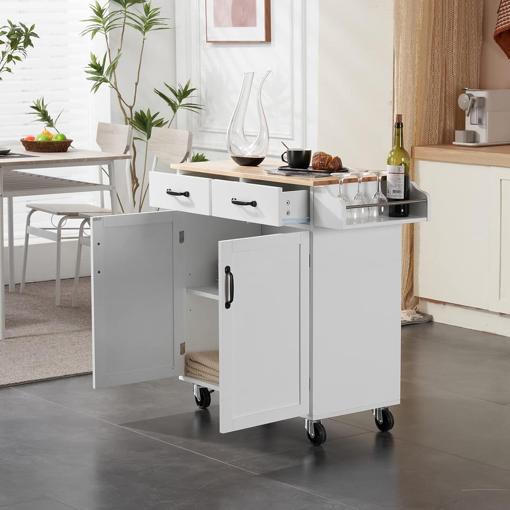 White Rubber Wood Top Rolling Kitchen Cart with Double Doors and Drawers U793