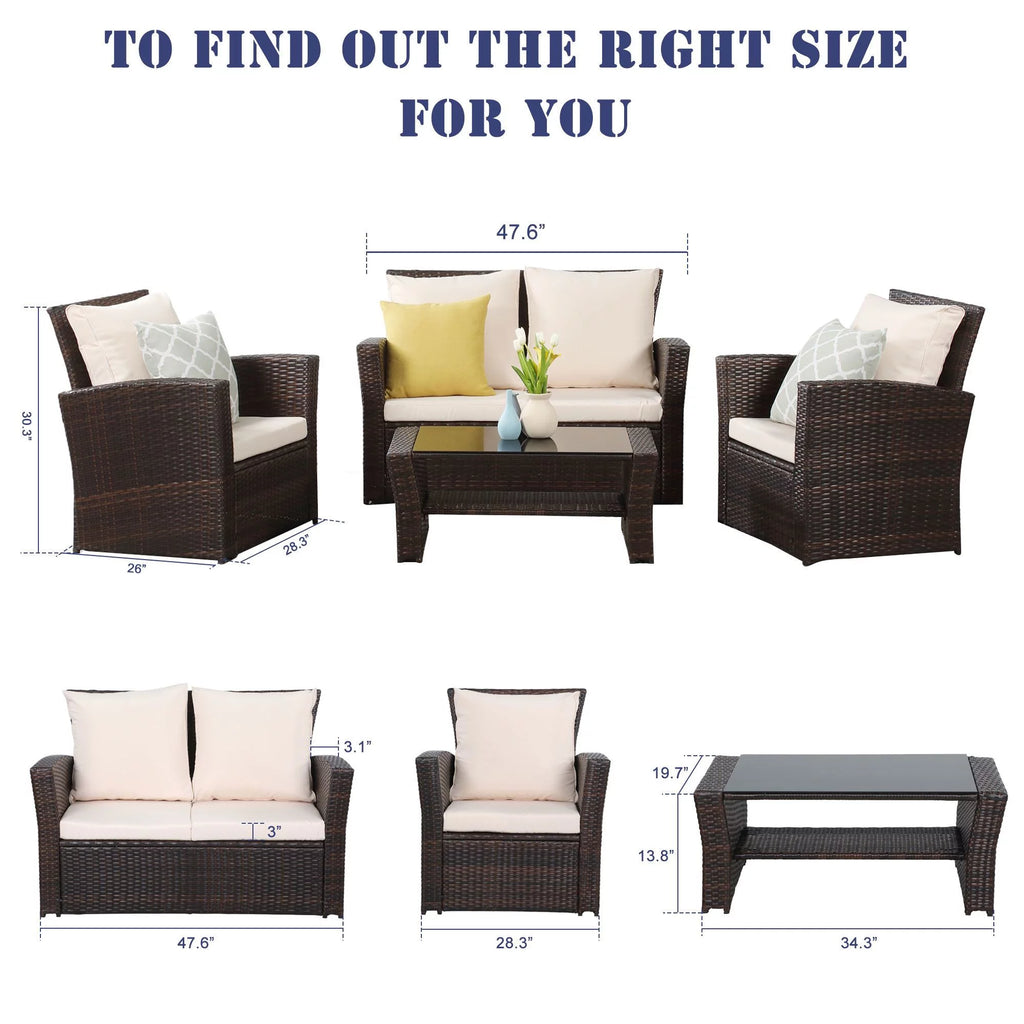 4 Pcs Brown Wicker Rattan Patio Furniture Set with Coffee Table P913