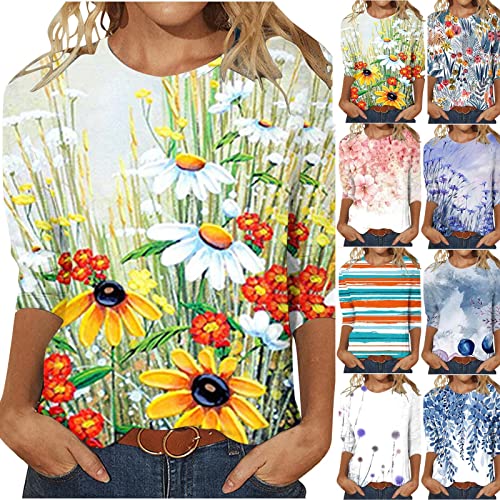 3/4 Sleeve Crew Neck Floral Print Blouses I43452
