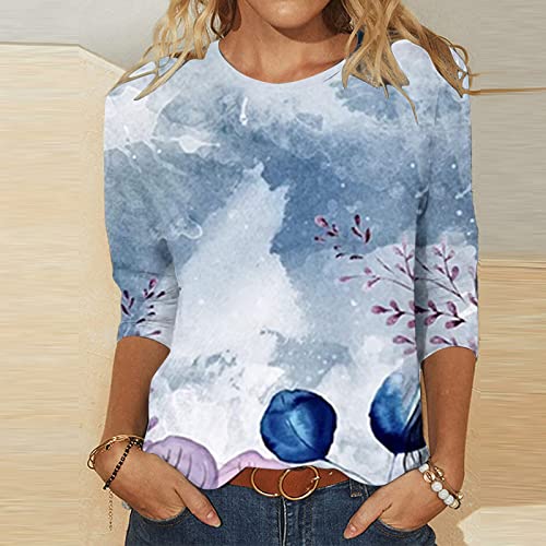 3/4 Sleeve Crew Neck Floral Print Blouses I43452