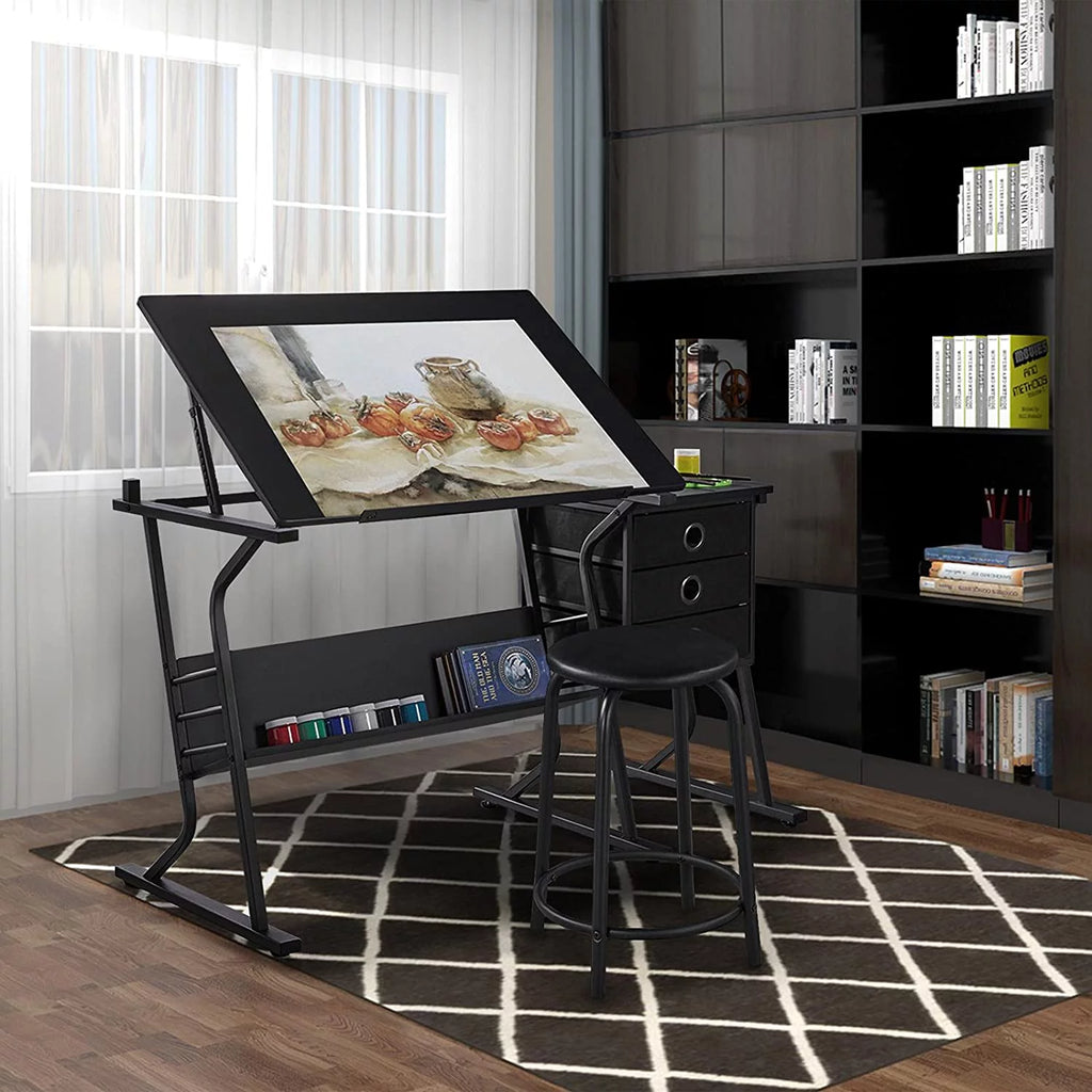 Adjustable Art Craft Desk with Stool and 3 Slide Drawers M70915