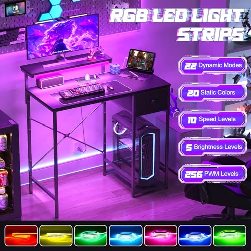 33.5" Small Gaming Desk with LED Lights & Power Outlets, Black Q457