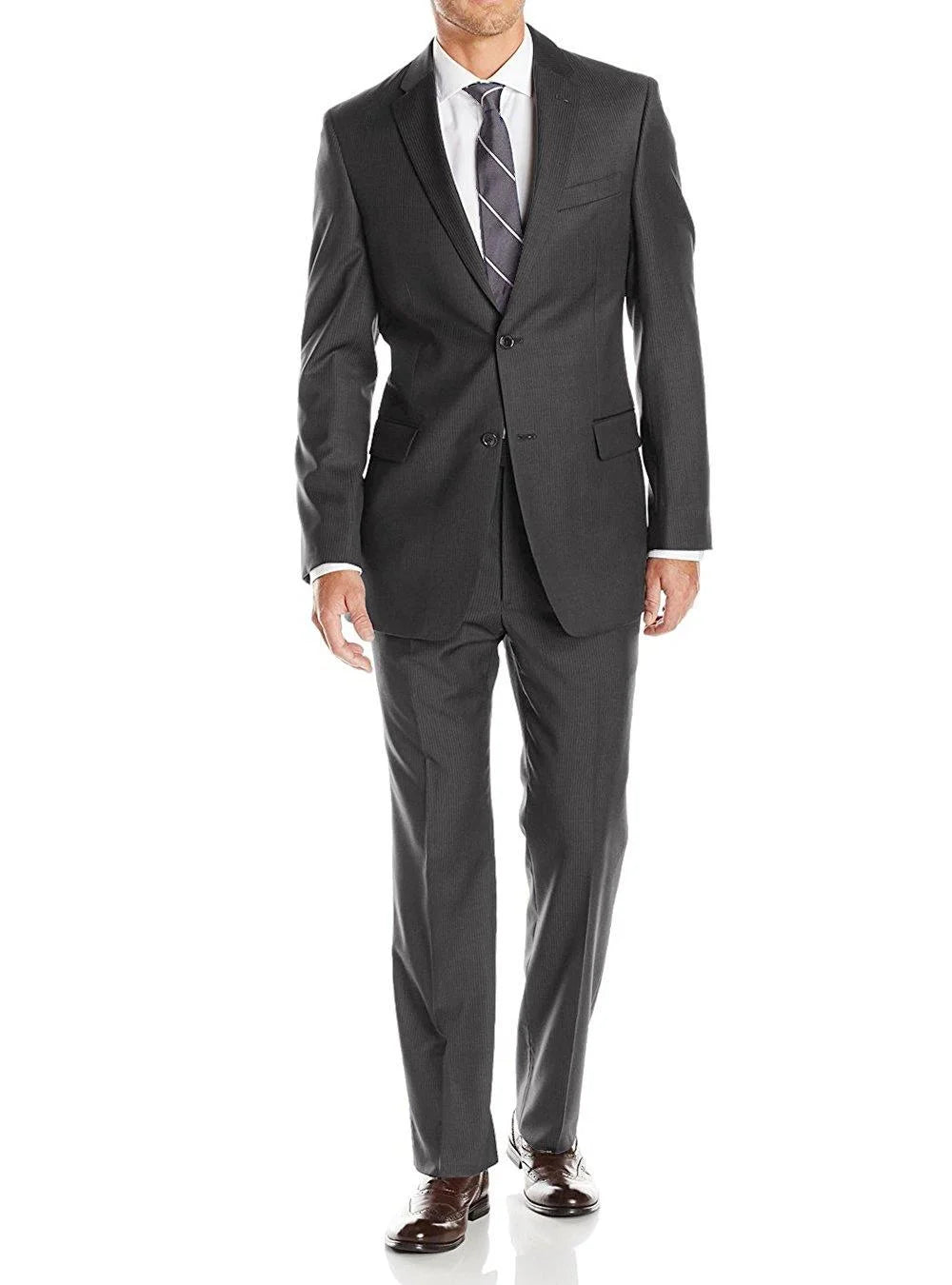 Mens Suits 2 Button Modern Fit Side Vent Narrow Stripe Suit Charcoal E37586