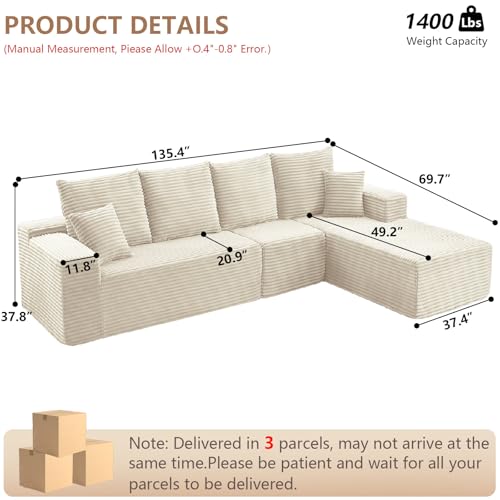 107" Modular Corduroy Sectional Sofa with Chaise P7923