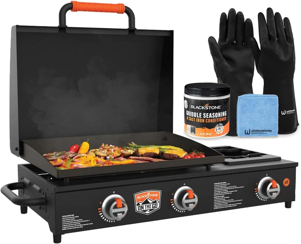 22 inch Propane Powered Portable Flat Top Gas Grill with Hood and Side Burner J30595