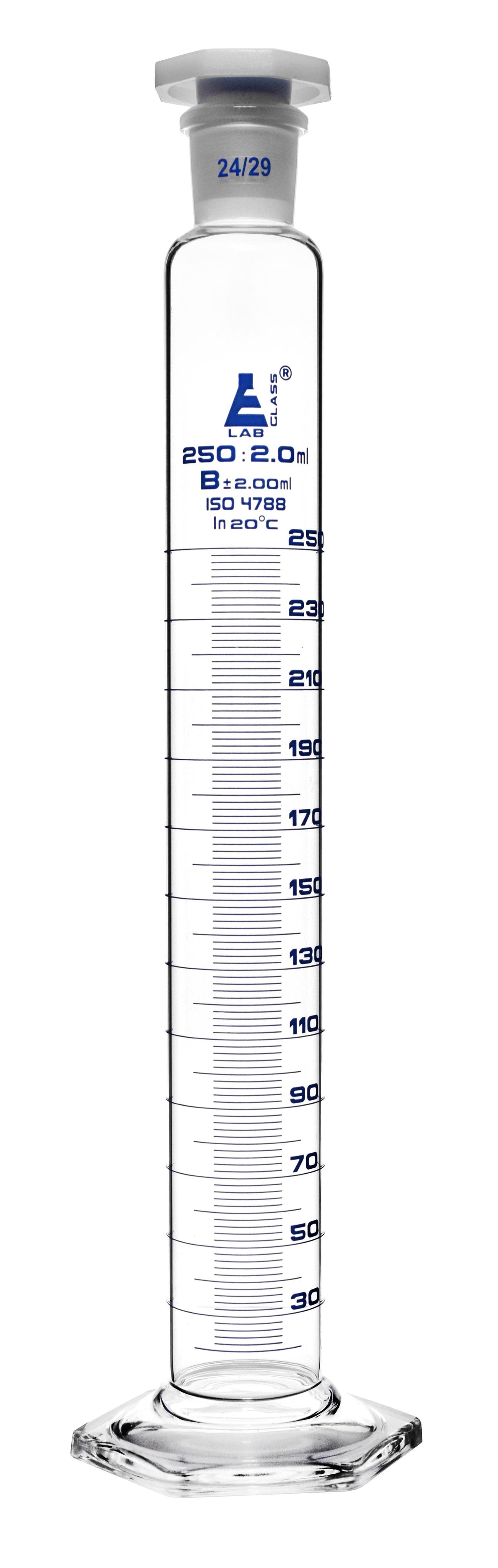 250ml Class B Hexagonal Base Measuring Cylinder with Stopper X508217