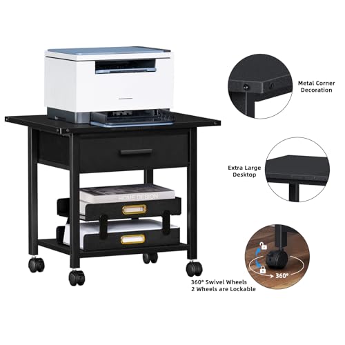 Black 2-Tier Rolling Printer Stand with Drawer F899