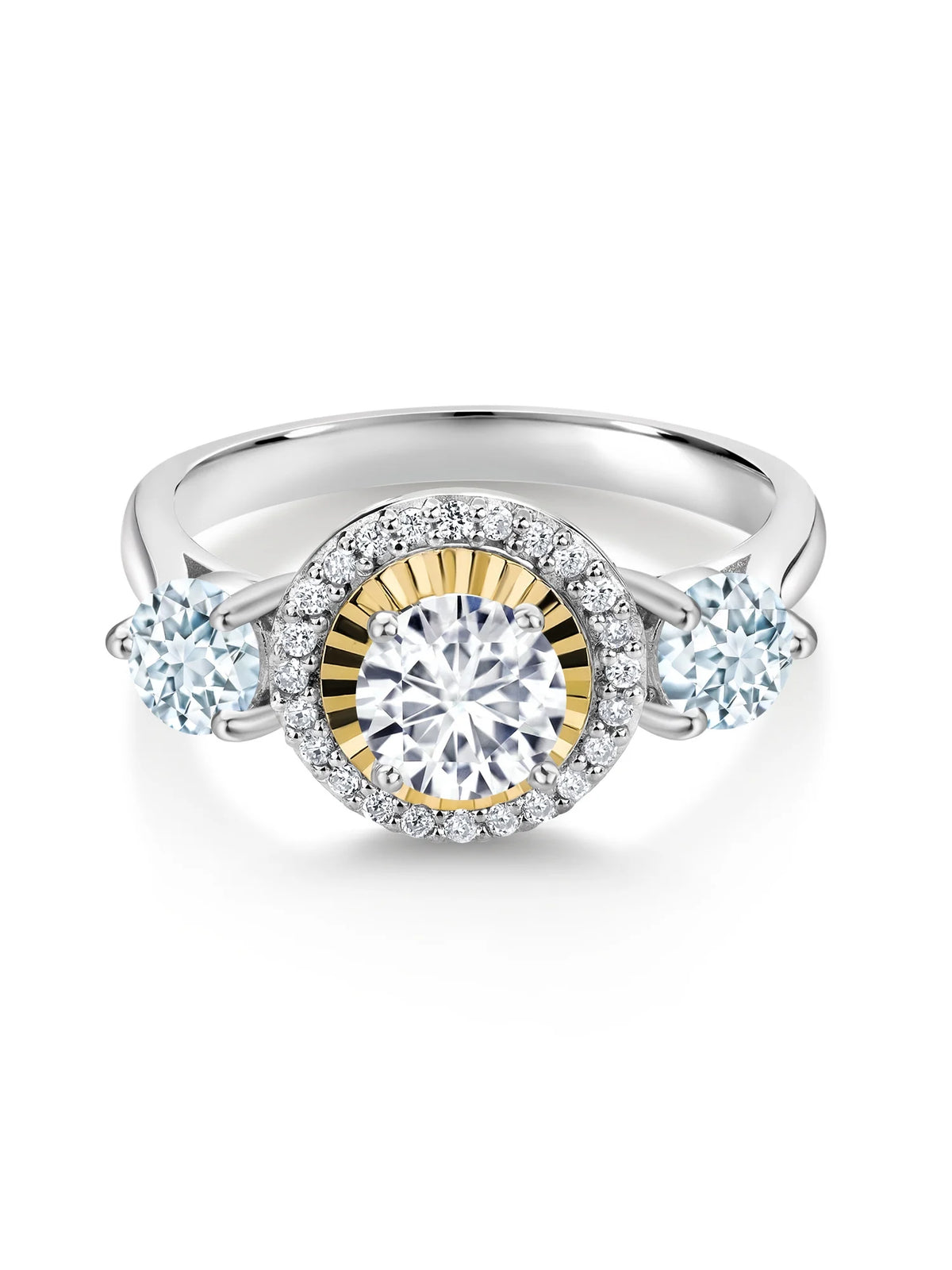 1.12 Ct Lab Grown Diamond Aquamarine 925 Silver 10K Yellow Gold 3 Stone Engagement Ring J9157