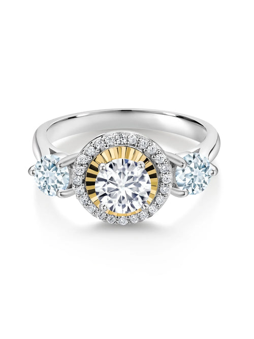 1.12 Ct Lab Grown Diamond Aquamarine 925 Silver 10K Yellow Gold 3 Stone Engagement Ring J9157