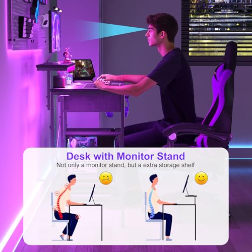 33.5" Small Gaming Desk with LED Lights & Power Outlets, Black Q457