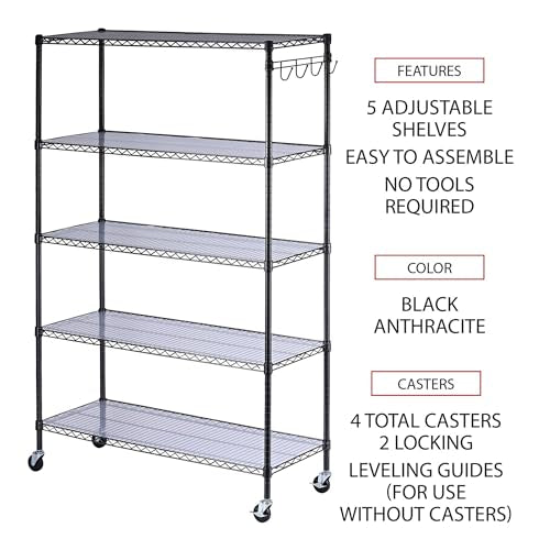 5-Shelf Wire Shelving Kit with Casters and Shelf Liners, Black Anthracite C66723
