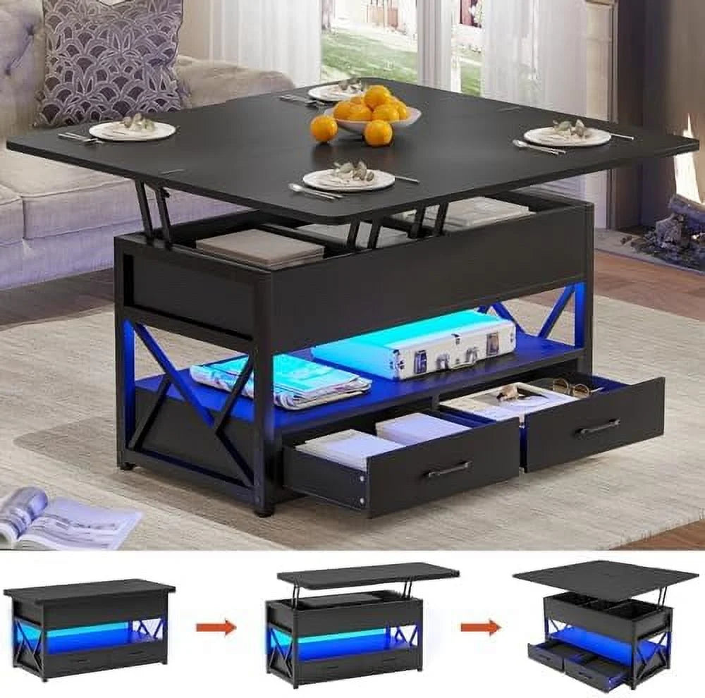 40" Lift Top Coffee Table with 2 Drawers & LED Light E1648