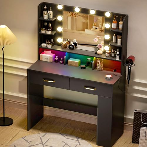 White Vanity Desk with Lighted Mirror and Power Outlet Z42768