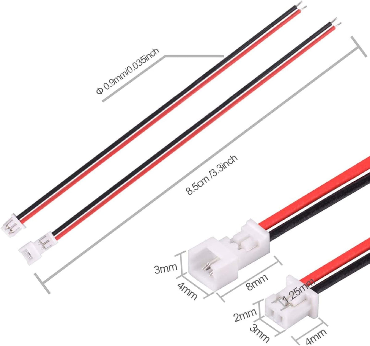 30 Pairs 1.25mm 2 Pin Micro Male Female Connector Plug with Red Black Wire Cable 80mm Z4990