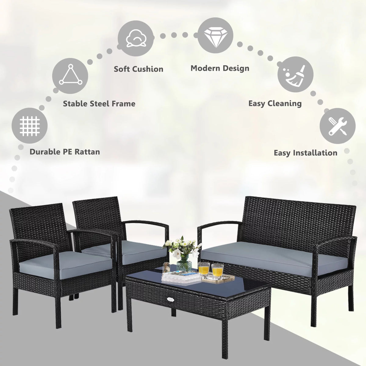 4PC Black Rattan Wicker Furniture Set M97853