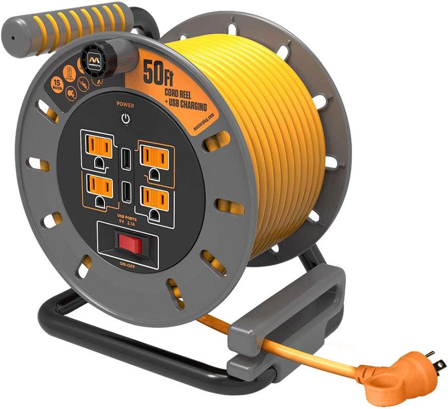 Heavy Duty Metal Cord Reel with 4 Outlets and 12 Gauge Cord (100ft) T534