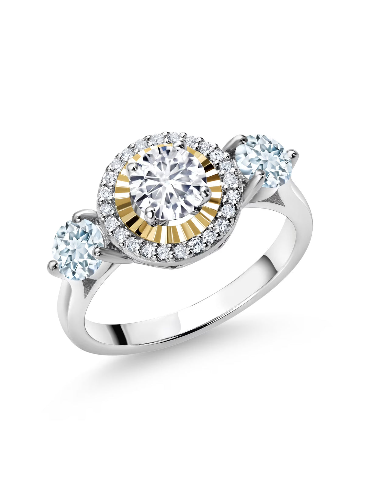 1.12 Ct Lab Grown Diamond Aquamarine 925 Silver 10K Yellow Gold 3 Stone Engagement Ring J9157