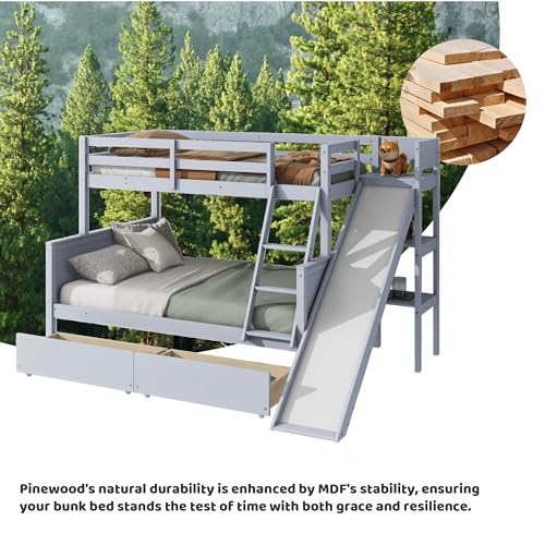 Twin Over Full Wood Bunk Bed with Slide and Storage Drawers G6942