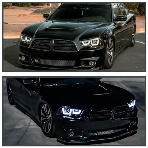 Chrome LED Dual Halo Projector Headlights for 2011-2014 Dodge Charger, Left + Right Pair Headlamps Assembly I520865