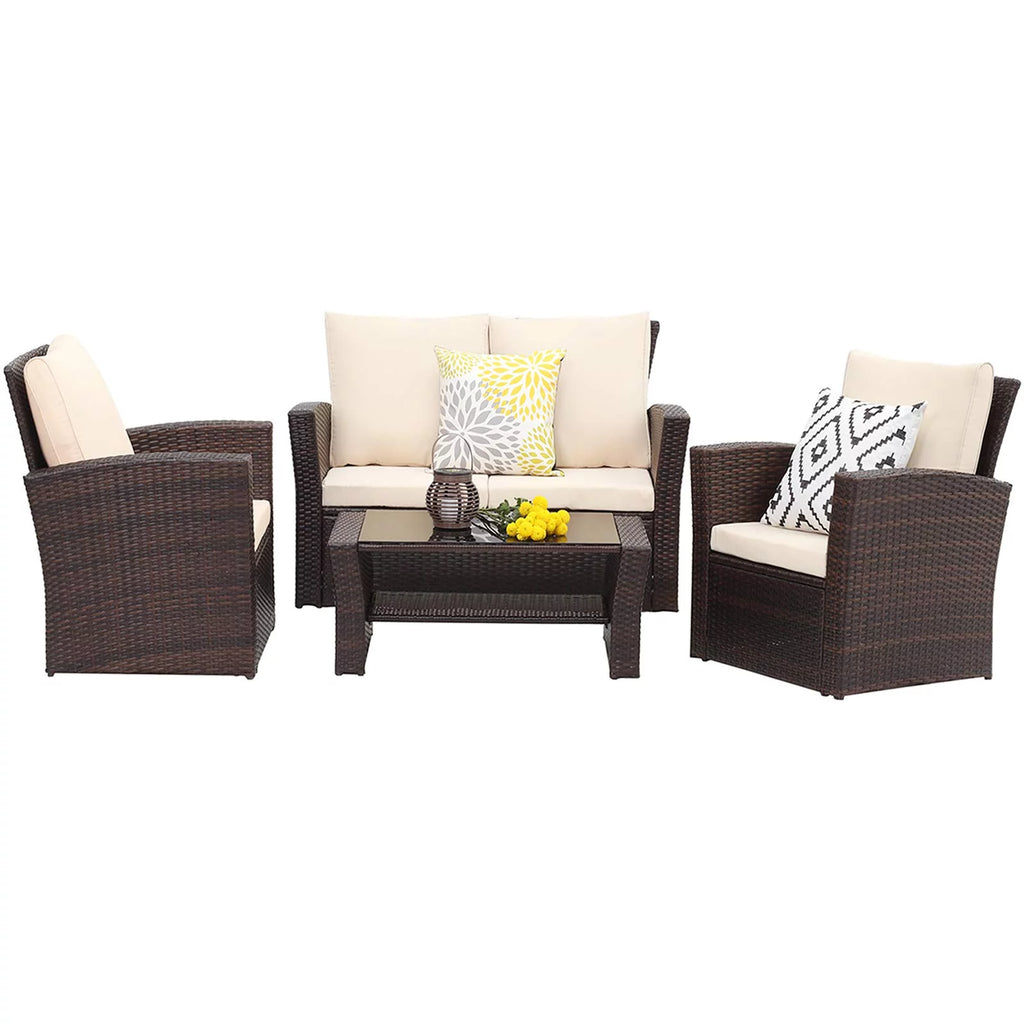 4 Pcs Brown Wicker Rattan Patio Furniture Set with Coffee Table P913