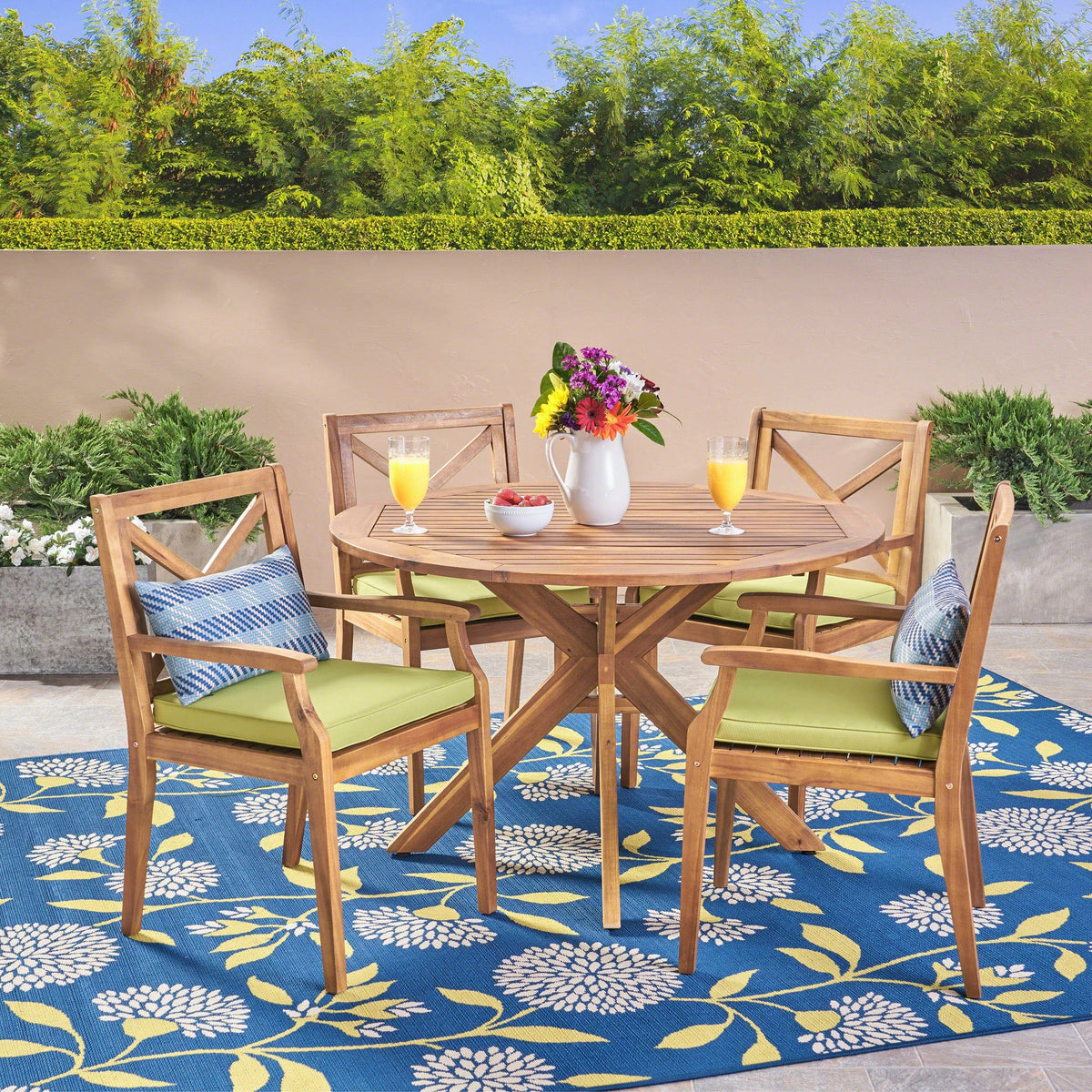 5 Piece Acacia Wood Round Dining Set with Cushions K1340