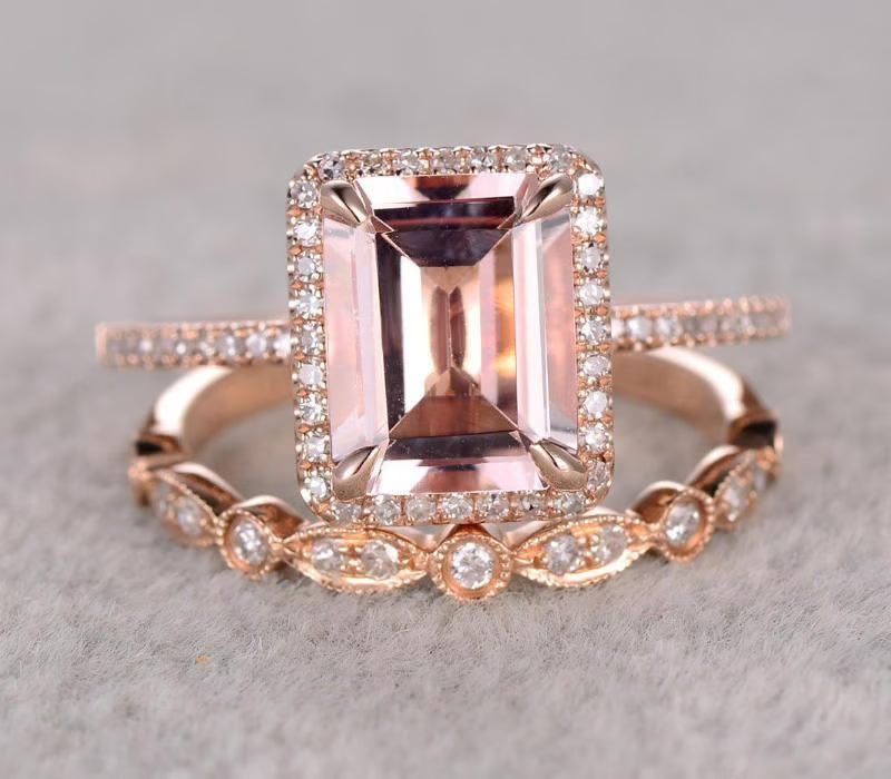 Emerald Cut Morganite Bridal Set With Diamond Moissanites 18K Rose Gold Plating N504