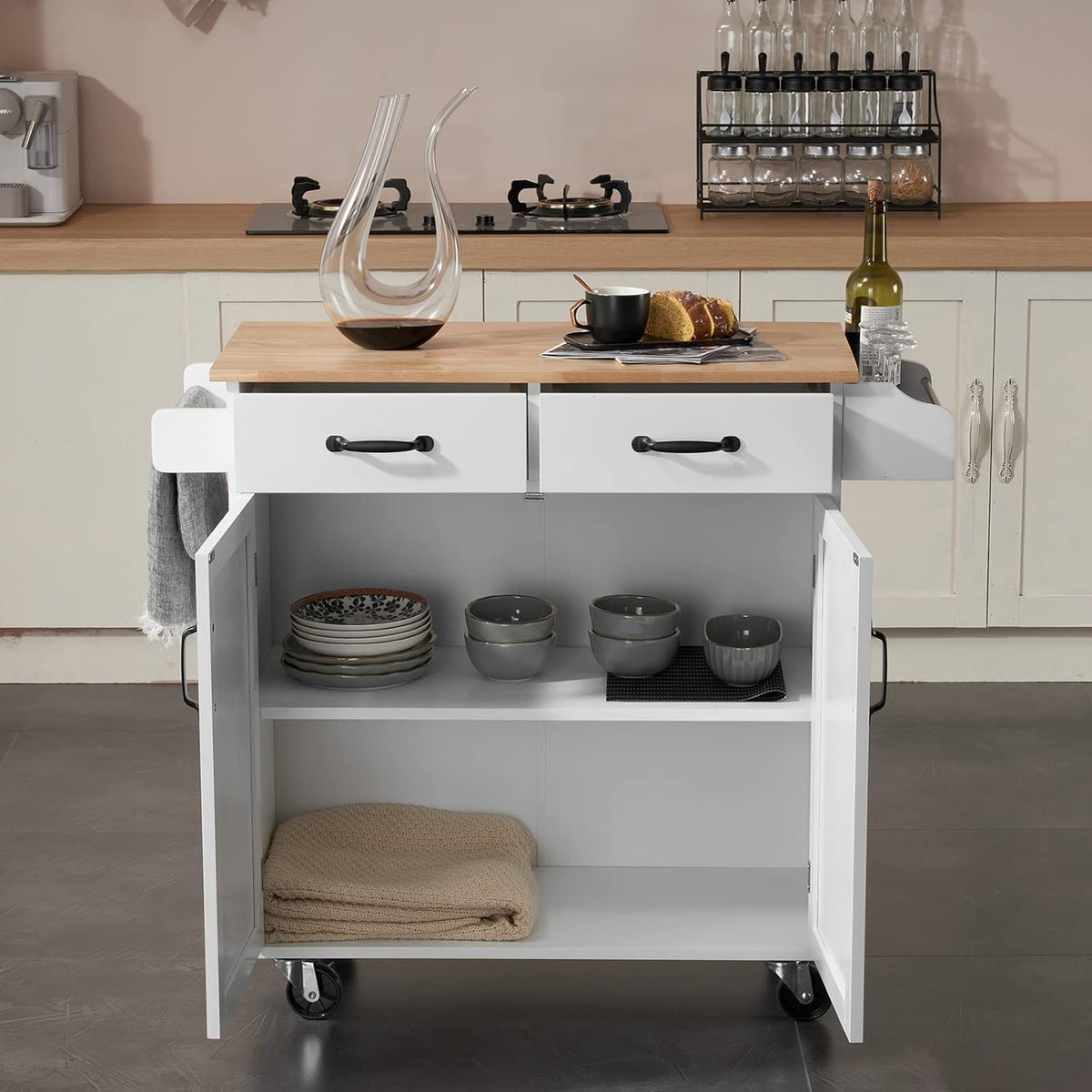 White Rubber Wood Top Rolling Kitchen Cart with Double Doors and Drawers U793