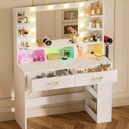 White Vanity Desk with Lighted Mirror and Power Outlet Z42768