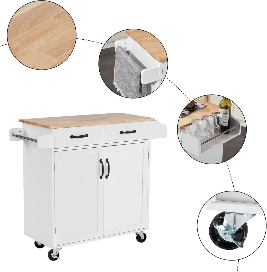 White Rubber Wood Top Rolling Kitchen Cart with Double Doors and Drawers U793