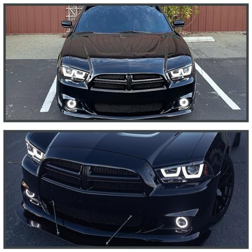 Chrome LED Dual Halo Projector Headlights for 2011-2014 Dodge Charger, Left + Right Pair Headlamps Assembly I520865