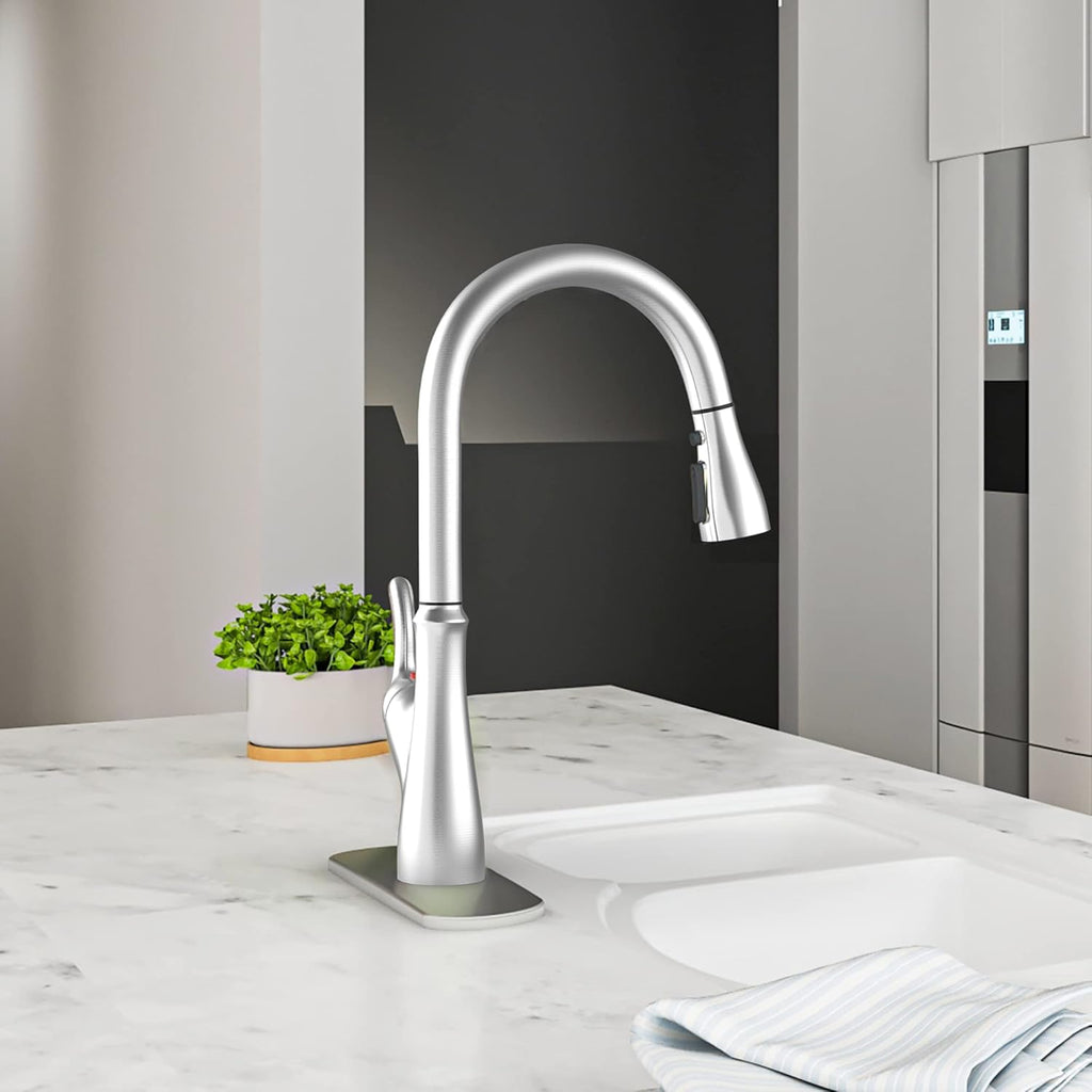 Brushed Nickel Kitchen Faucet with Pull Down Sprayer, Single Handle High Arc Stainless Steel Sink Faucet S316