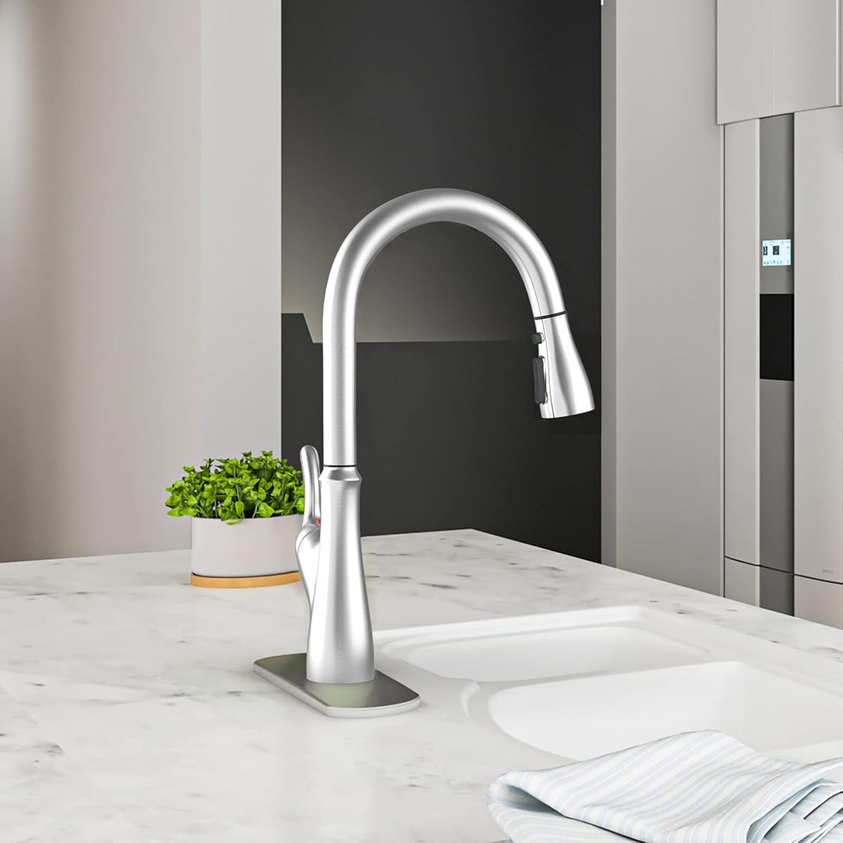 Brushed Nickel Kitchen Faucet with Pull Down Sprayer, Single Handle High Arc Stainless Steel Sink Faucet S316