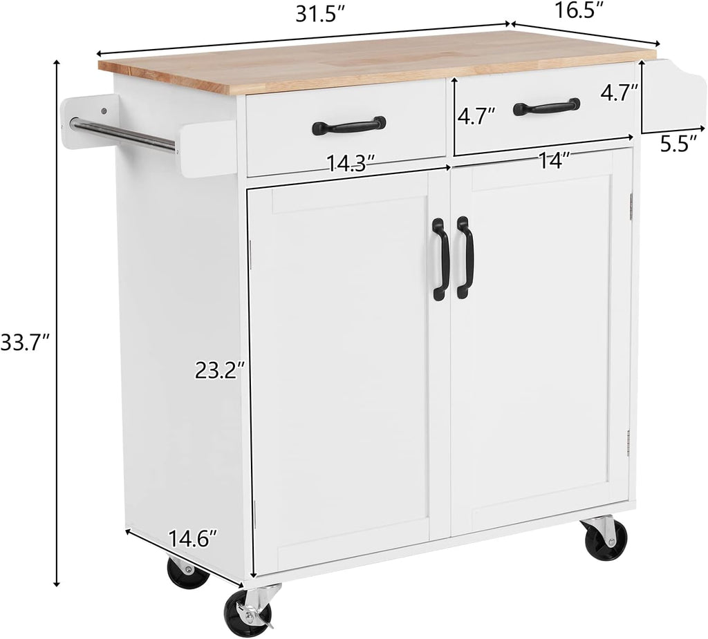 White Rubber Wood Top Rolling Kitchen Cart with Double Doors and Drawers U793