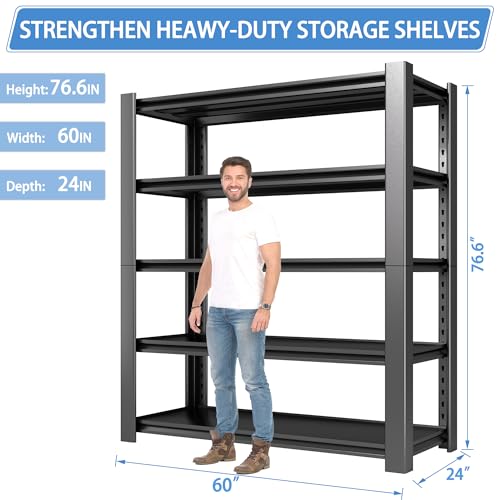 5-Tier Heavy Duty Metal Storage Shelving, 3000 LBS Capacity, 76" H x 60" W x 24" D, Adjustable Steel Shelves T527