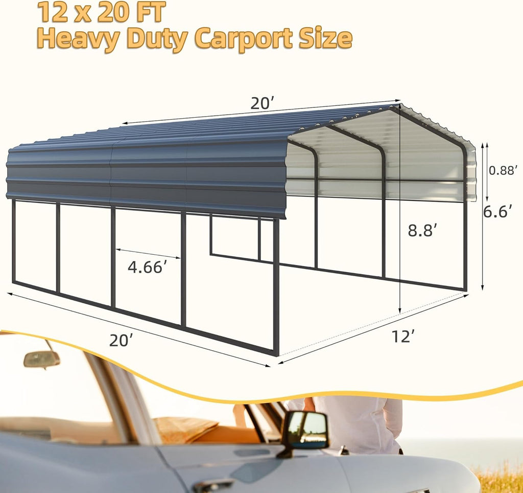 12'x20' Heavy Duty Metal Carport with Galvanized Steel Roof M77204